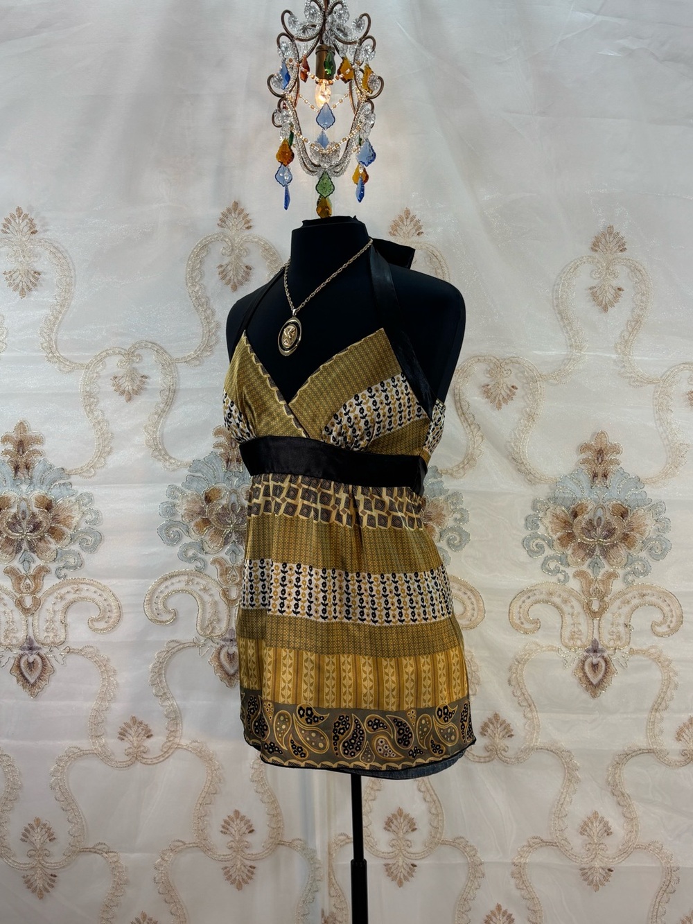 ✨Vintage Y2K Bohemian Mustard Multiprint Satin Tie Back Babydoll Halter Top✨